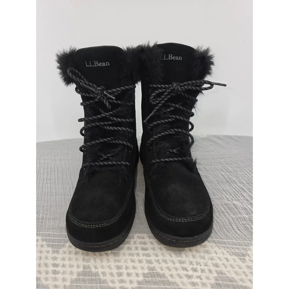 LL Bean Wildcat Boots Black Suede Faux Fur PrimaLoft Winter Snow Womens 8 Medium